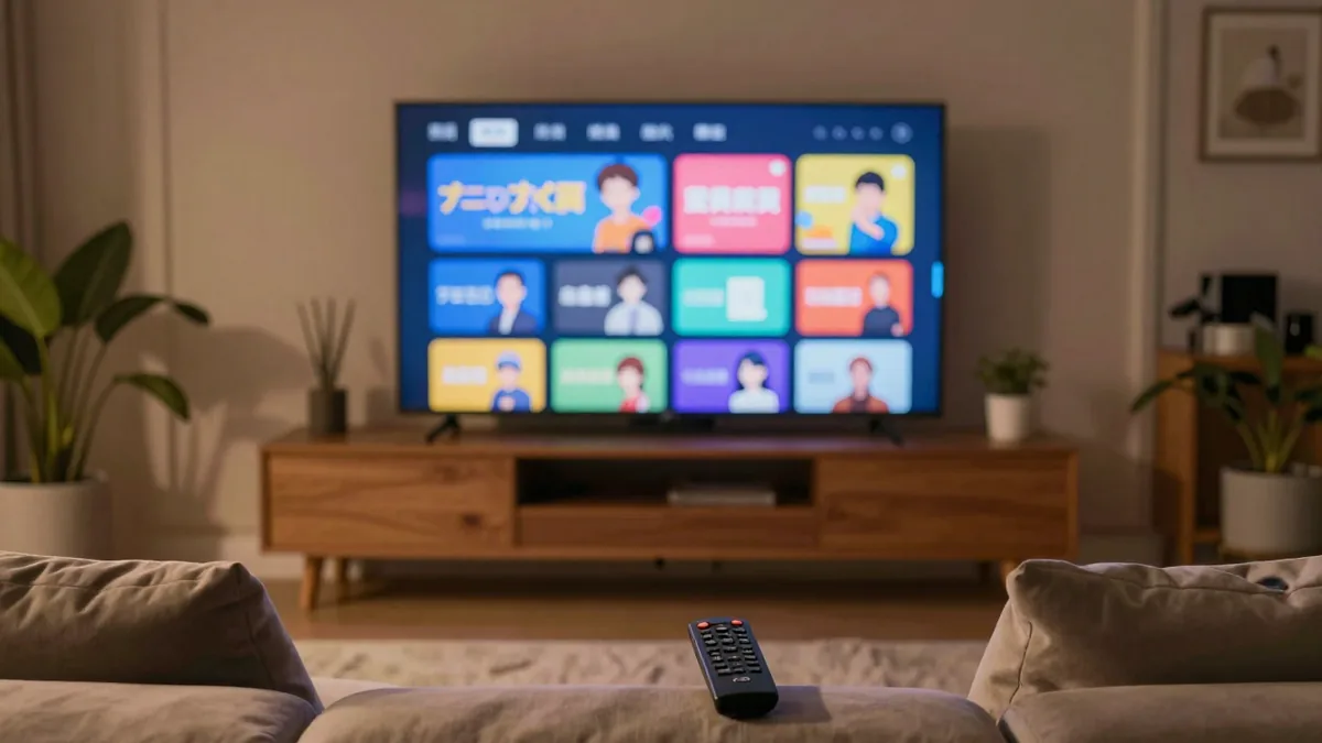 リビングの大型スマートテレビに配信サービスのメニュー画面が表示され、ソファとリモコンがある視聴環境