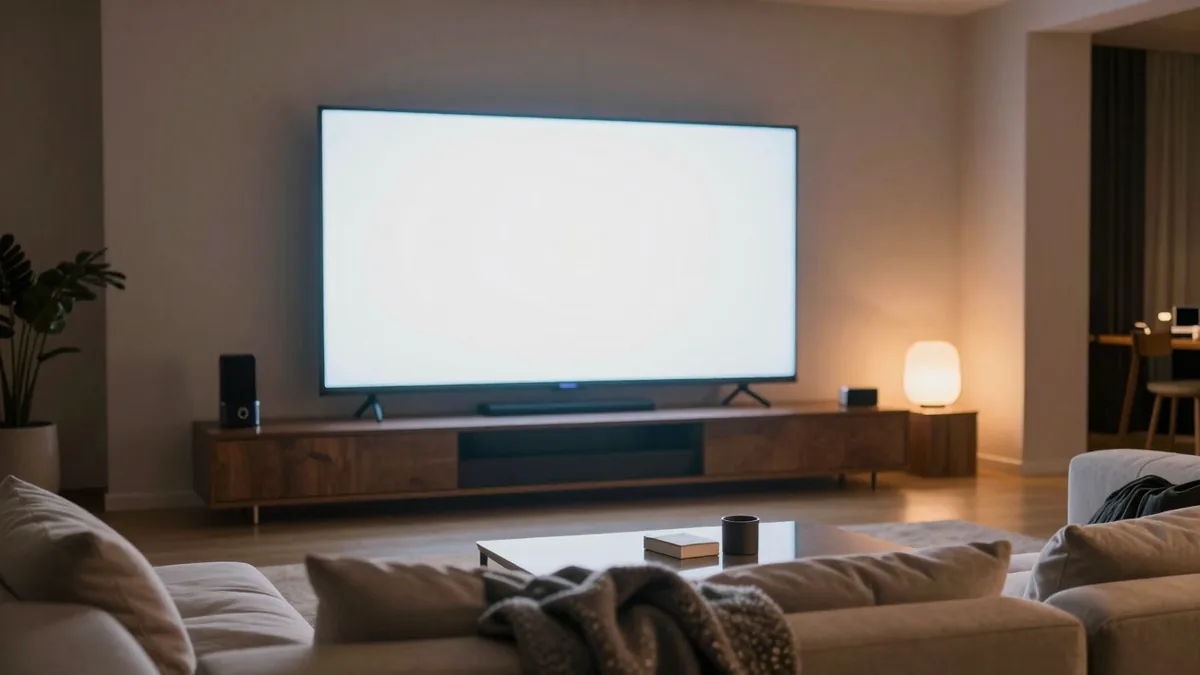 大型テレビとソファのあるリビングで海外ドラマを一気見する視聴環境