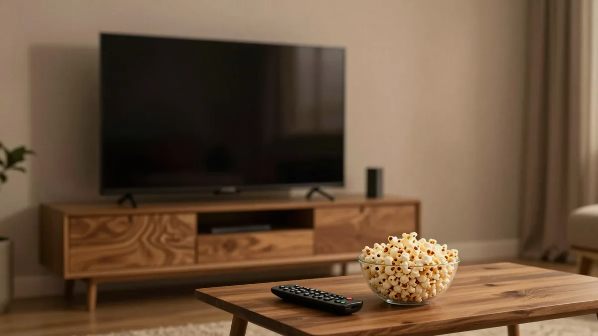 リビングのテレビ前のテーブルに置かれたリモコンとポップコーン