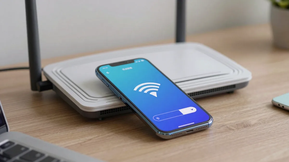 自宅Wi-Fiルーターのそばで動画をダウンロードするスマホ